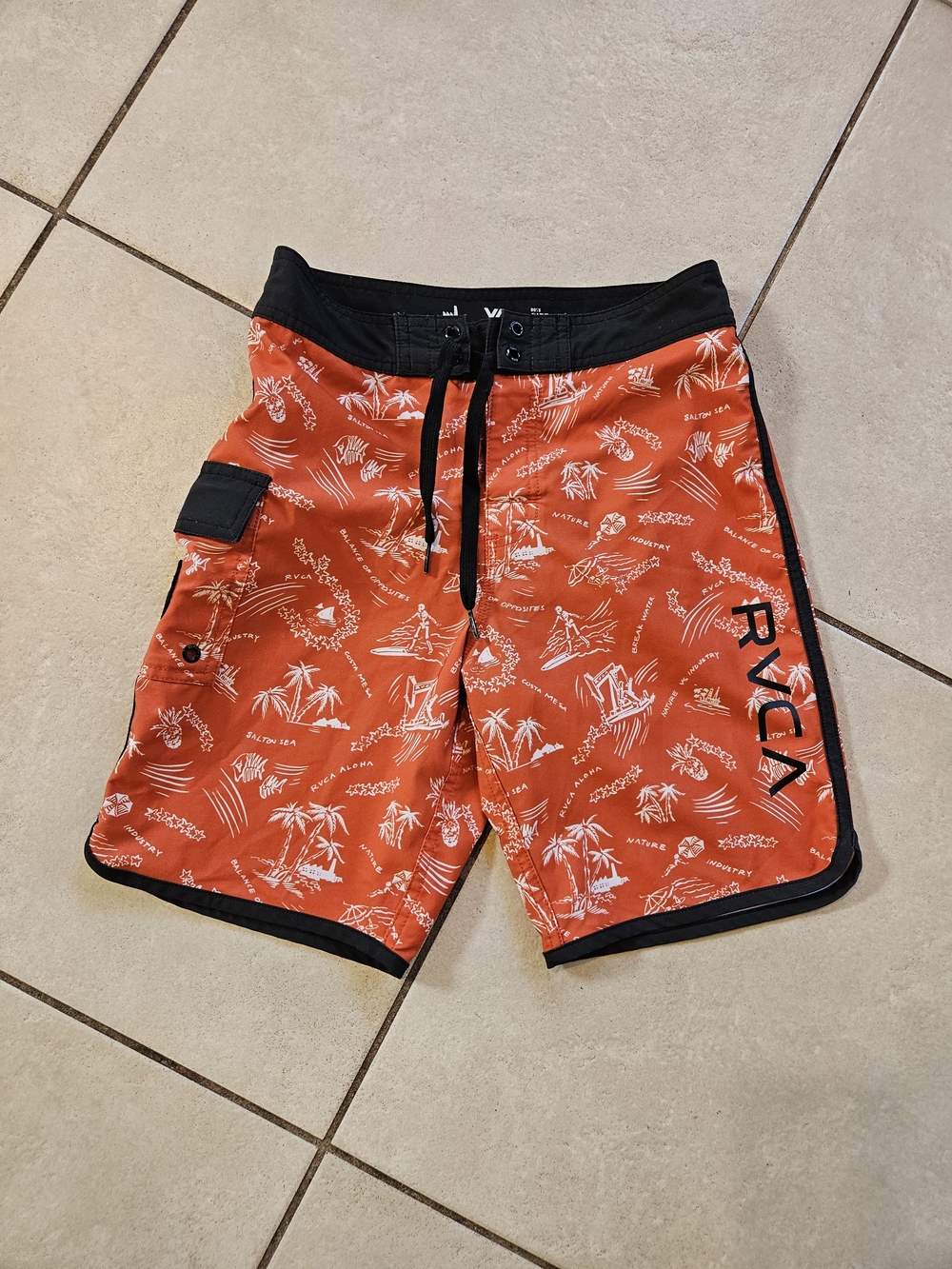RVCA Orange and Black Boys' Palm-Print Swim Trunks